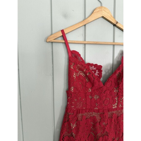 For Love & Lemons Gianna Midi Dress XS Red Lace Bodycon Adjustable Straps - Picture 2 of 7